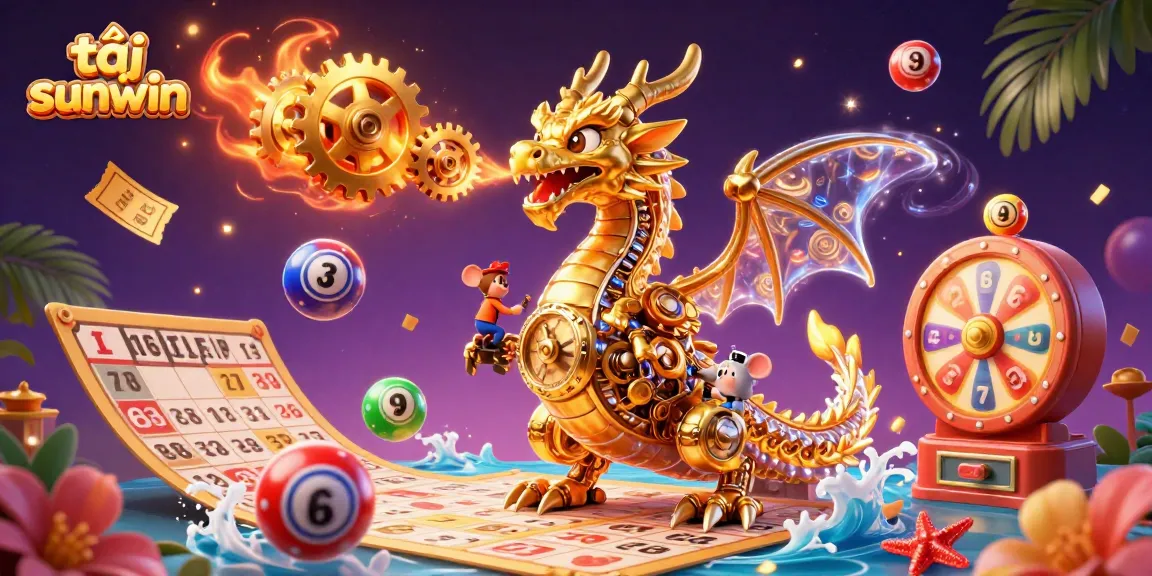 Engage with exciting lottery elements in the vibrant tải sunwin gaming illustration featuring a golden dragon.