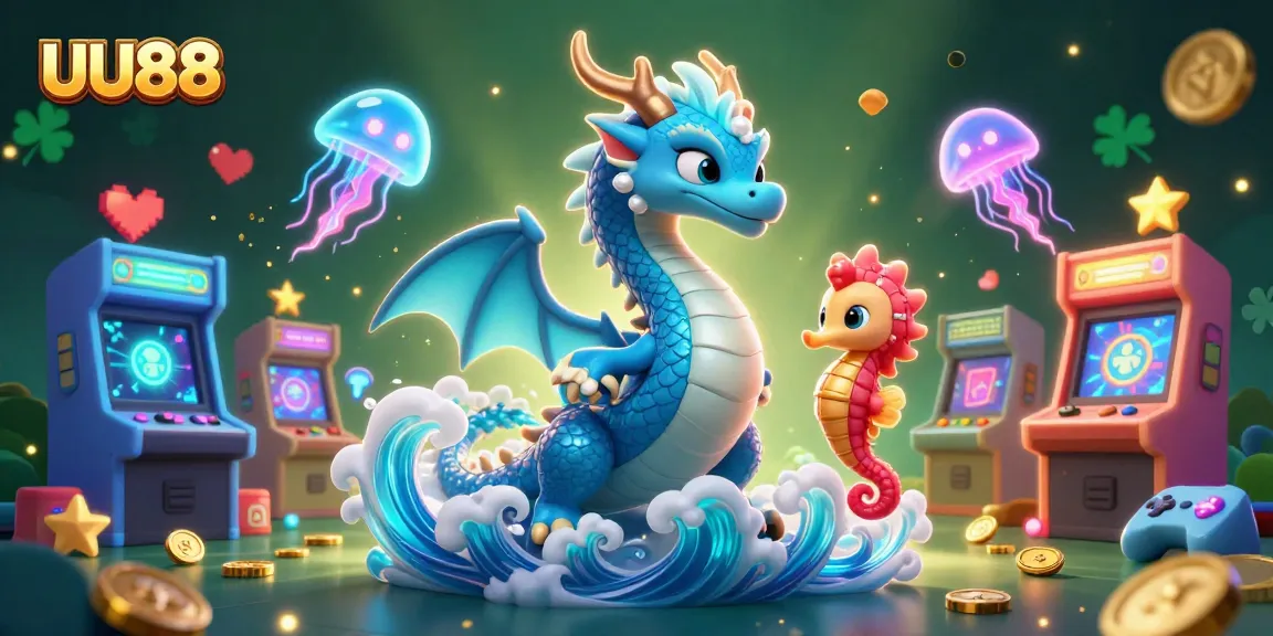 Engage with UU88's vibrant 3D gaming world featuring a dragon, seahorse knight, and jellyfish.
