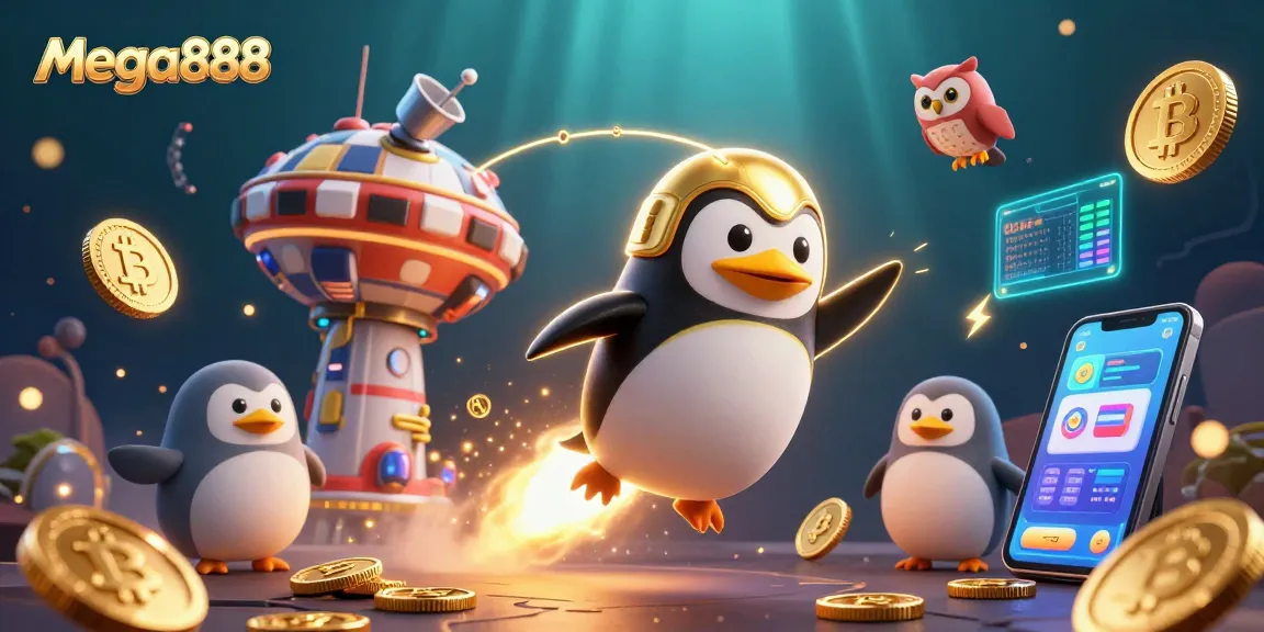 Play mega888 with the golden penguin in an exciting space casino scene surrounded by crypto elements.