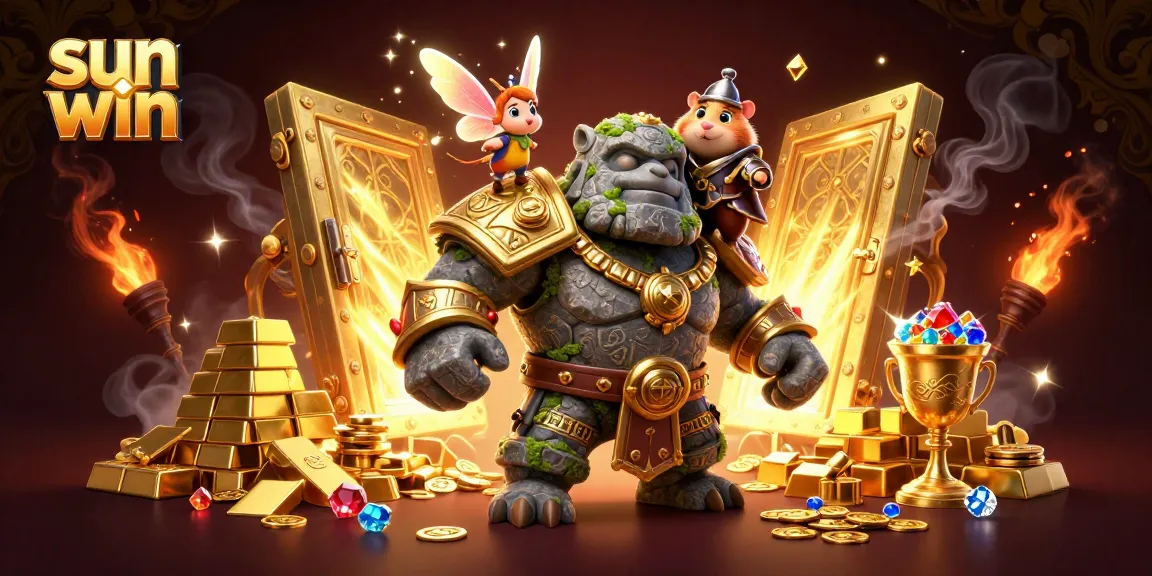Engage with the sun win universe as a stone golem awakens amidst treasure in a vibrant 3D casino world.